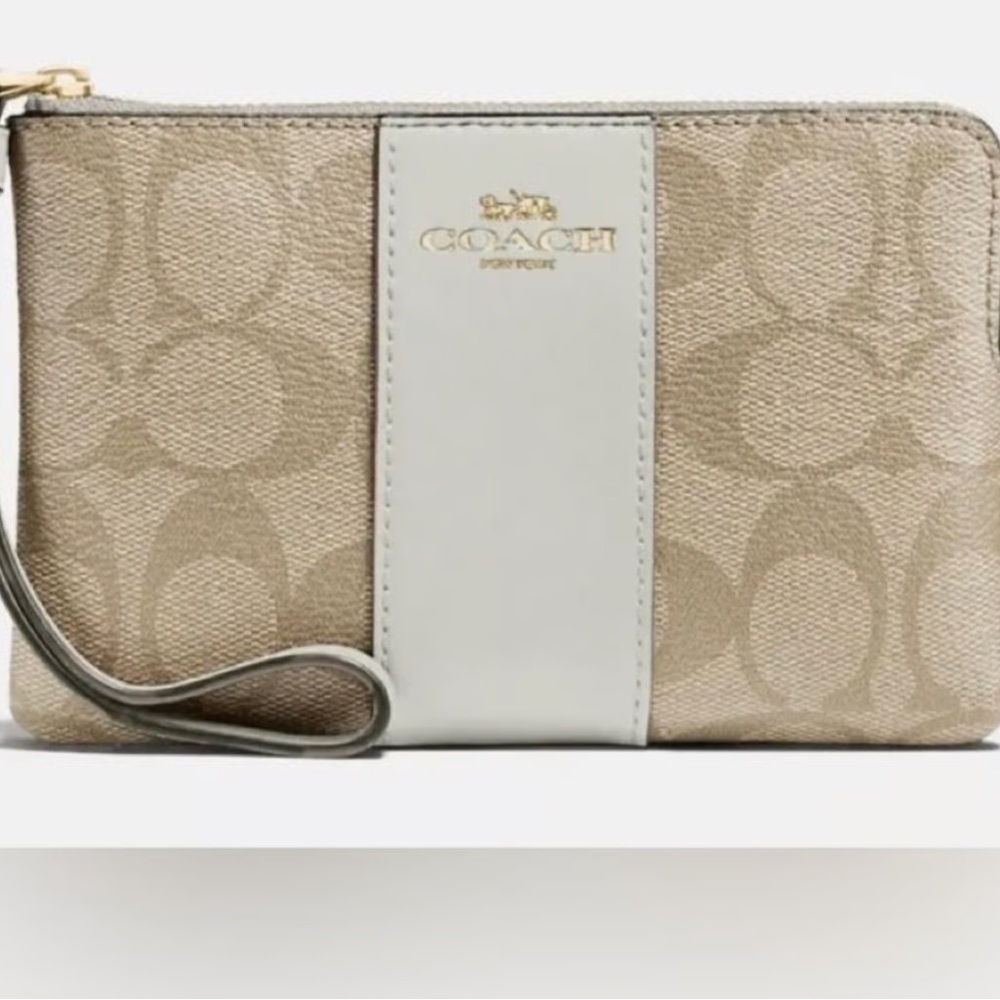 SOLD!!! NWT Coach Signature Beige and Cream Corner Zip Stripe Wristlet
